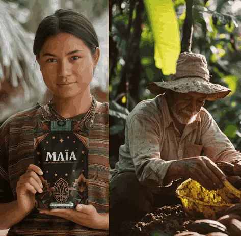 A woman holding a Maia chocolate bar; a man working with cocoa beans.